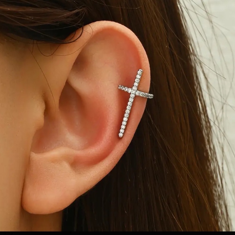 Silver Cross Ear Cuff Cubic Zirconia Non Piercing Helix Cartilage Wrap Earring